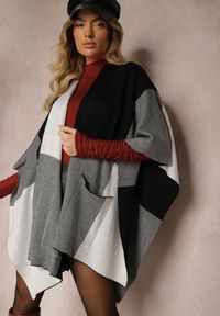 Renee - Czarno-Szare Ponczo Narzutka Niezapinana z Domieszką Wełny Verideth. Okazja: na co dzień. Kolor: czarny. Materiał: wełna. Długość: długie. Wzór: geometria. Styl: casual