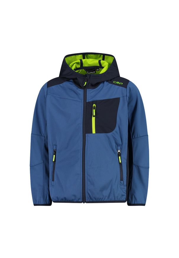 Kurtka z kapturem dla dziecka CMP. Typ kołnierza: kaptur. Kolor: niebieski, wielokolorowy, zielony. Materiał: softshell. Styl: sportowy