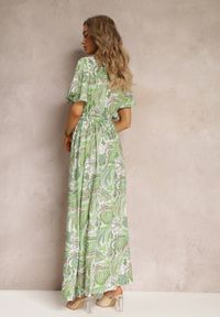 Renee - Jasnozielona Rozkloszowana Sukienka Maxi z Gumką w Pasie Aishe. Kolor: zielony. Materiał: wiskoza, materiał, tkanina. Wzór: kwiaty. Styl: wakacyjny. Długość: maxi #3