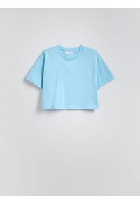 Reserved - Krótki t-shirt z nadrukiem - niebieski. Kolor: niebieski. Materiał: bawełna, dzianina. Długość: krótkie. Wzór: nadruk