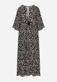 Born2be - Czarna Bawełniana Sukienka Rozkloszowana w Drobne Kwiatki z Chwostem Orrilva. Okazja: na co dzień, na imprezę. Typ kołnierza: dekolt w łódkę. Kolor: czarny. Materiał: bawełna. Wzór: kwiaty. Sezon: wiosna. Styl: casual, elegancki #5