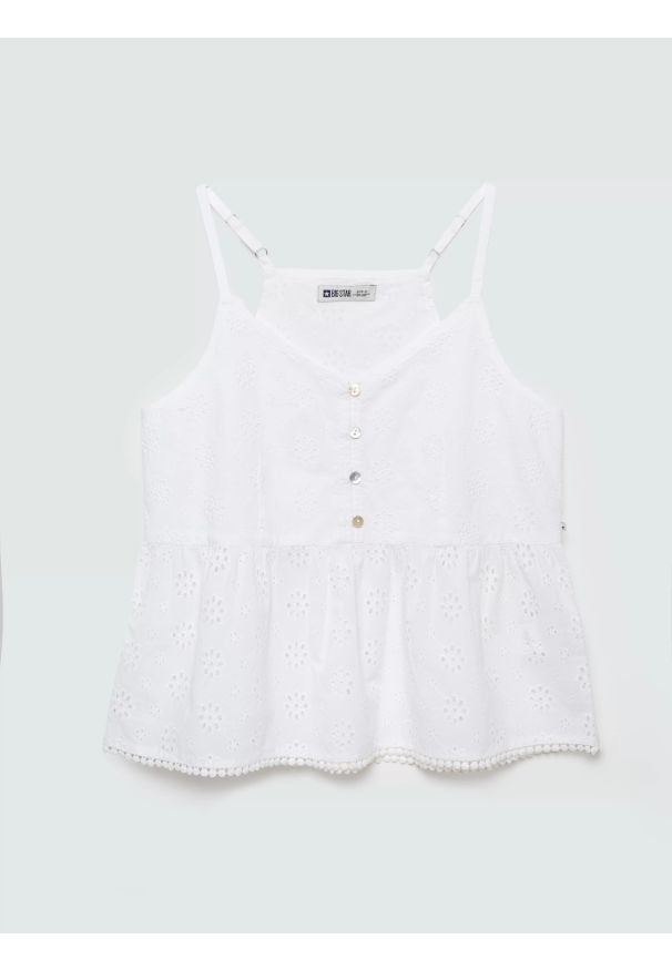 Big-Star - Top damski bawełniany haftowany biały Balbina 100. Kolor: biały. Materiał: bawełna. Długość rękawa: na ramiączkach. Wzór: haft. Sezon: lato. Styl: elegancki