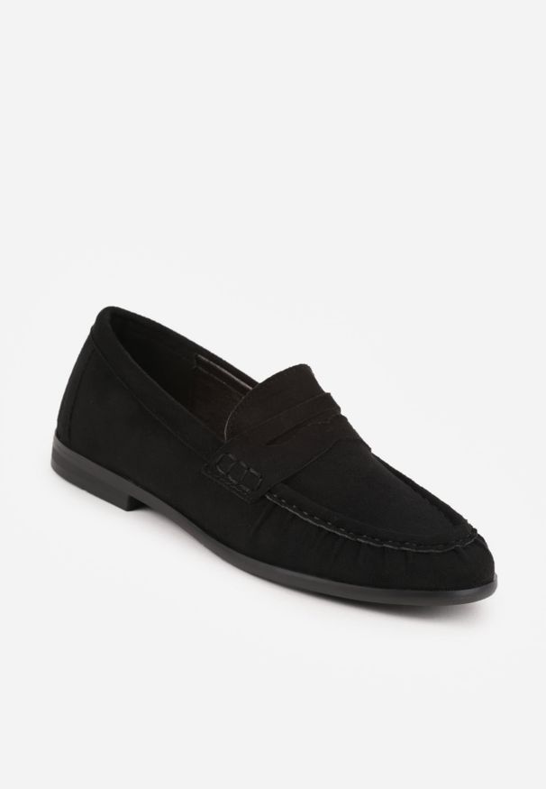 Renee - Czarne Mokasyny VICES ze Skórzaną Wkładką i Marszczeniem przy Nosku Ananora. Kolor: czarny. Materiał: skóra. Styl: elegancki, klasyczny