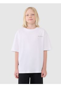4f - 4F T-shirt oversize z napisem chłopięcy - biały 152 (11-12 lat). Okazja: na co dzień. Kolor: biały. Materiał: dzianina, bawełna, jersey. Długość rękawa: krótki rękaw. Długość: krótkie. Wzór: napisy. Sezon: lato. Styl: klasyczny, sportowy, casual