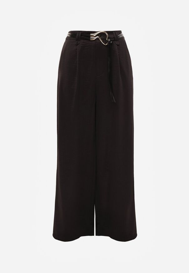 Renee - Czarne Spodnie Szerokie z Dodatkiem Bawełny High Waist z Metaliczną Klamrą Azaerixis. Okazja: na co dzień. Stan: podwyższony. Kolor: czarny. Materiał: bawełna. Styl: casual