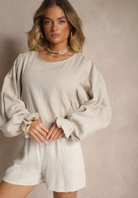 Renee - Beżowa Bawełniana Bluzka Typu Nietoperz z Wiązaniem Sepionna. Okazja: na co dzień. Kolor: beżowy. Materiał: bawełna. Długość rękawa: długi rękaw. Długość: długie. Styl: klasyczny, elegancki, casual