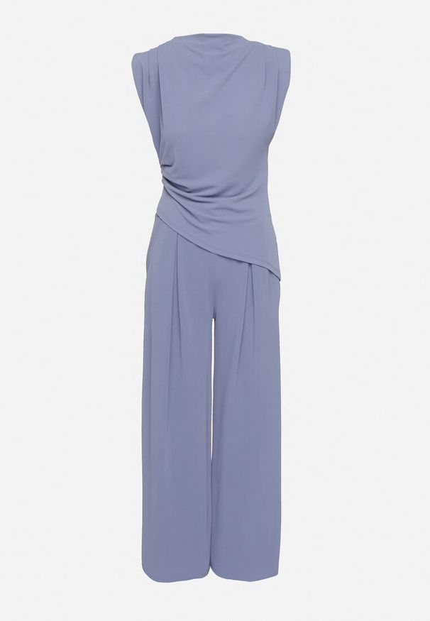 Born2be - Niebieski Komplet Bluzka z Zaznaczonymi Ramionami i Spodnie Szerokie na Gumce Divaires. Kolor: niebieski