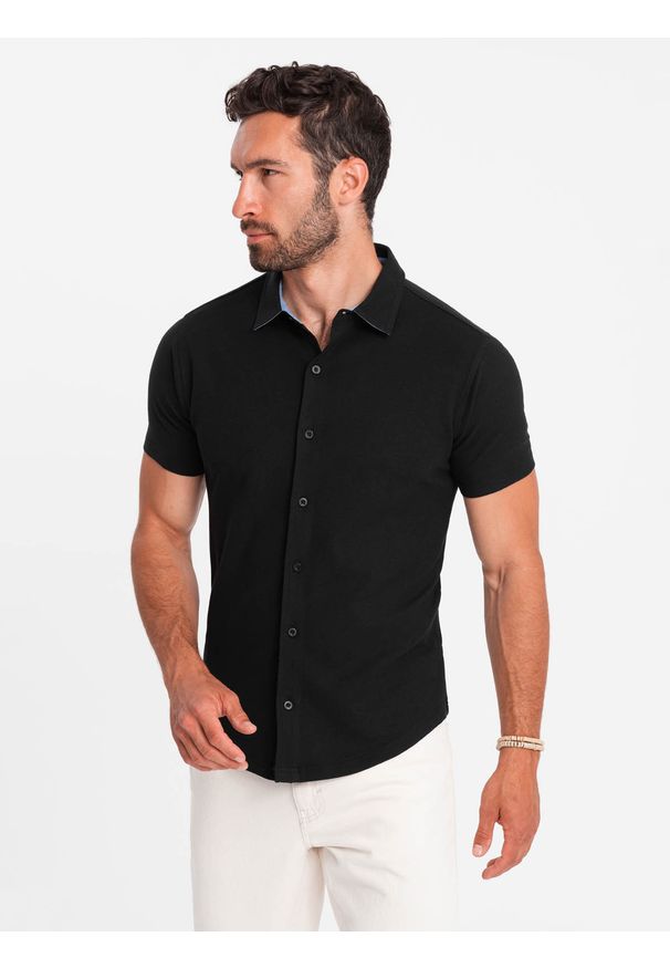 Ombre Clothing - Dzianinowa koszula męska slim fit z krótkim rękawem i kołnierzykiem – czarna V4 - Rozmiar: S. Typ kołnierza: polo. Kolor: czarny. Materiał: dzianina. Długość rękawa: krótki rękaw. Długość: krótkie. Styl: elegancki, sportowy