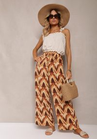 Renee - Beżowo-Brązowe Szerokie Spodnie z Gumką i Wiązaniem w Talii Vayolet. Okazja: na co dzień. Kolor: beżowy. Materiał: tkanina. Styl: casual #5