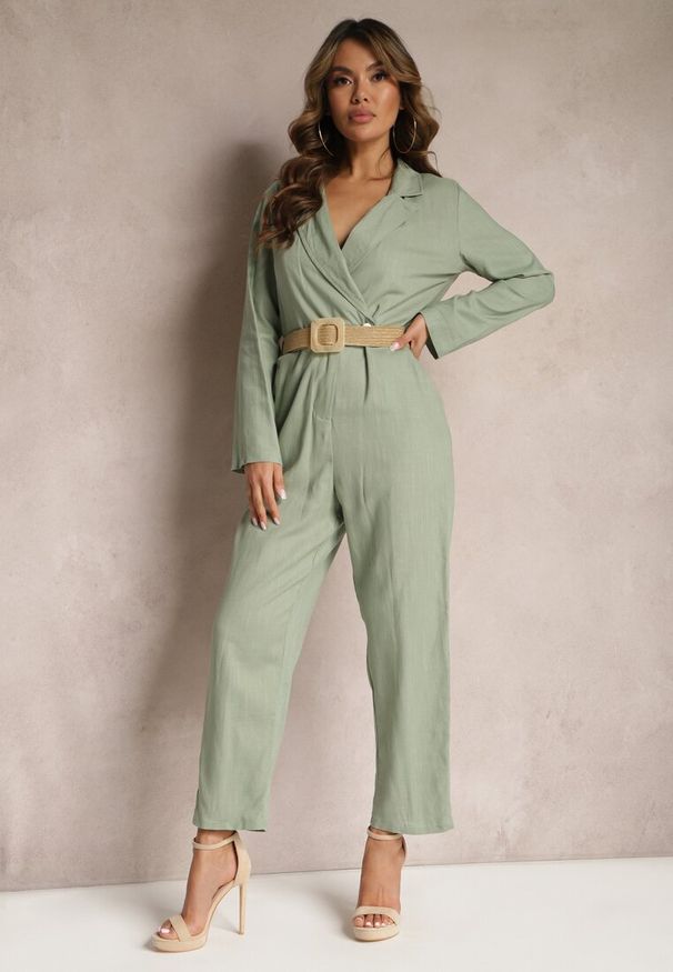 Renee - Zielony Kombinezon z Paskiem z Plecionki Kopertową Górą i Zwężającymi się Nogawkami Avnja. Kolor: zielony. Styl: elegancki, wizytowy