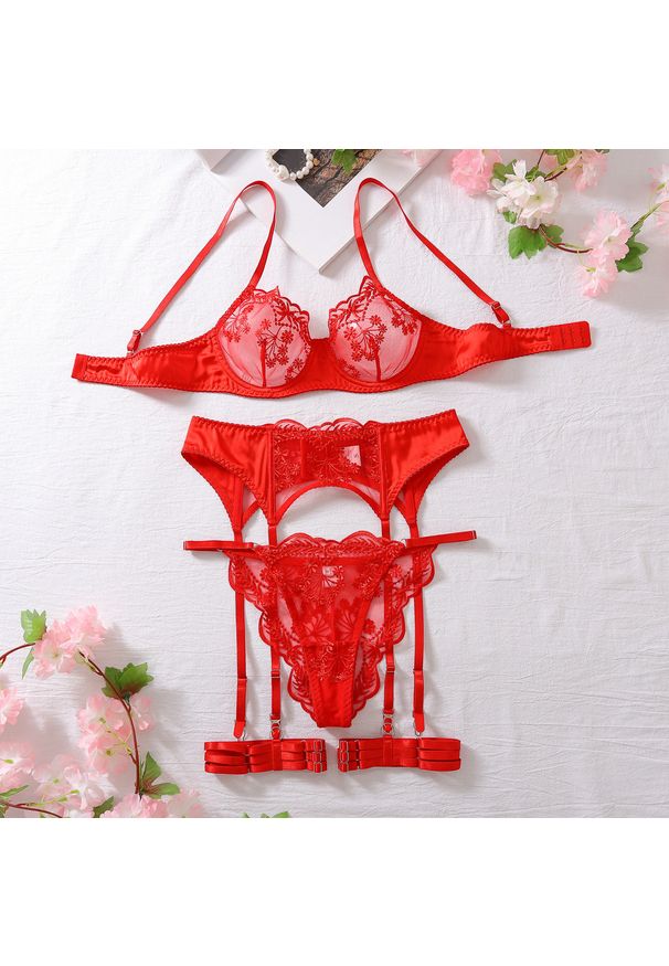 Intica - Komplet bielizny haftowanej z koronką regulowany Elfgund. Kolor: czerwony. Materiał: koronka. Wzór: haft, koronka