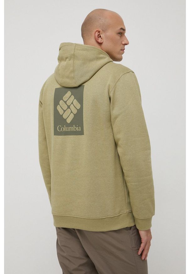 columbia - Columbia bluza męska kolor zielony z kapturem melanżowa. Typ kołnierza: kaptur. Kolor: zielony. Materiał: dzianina. Wzór: melanż