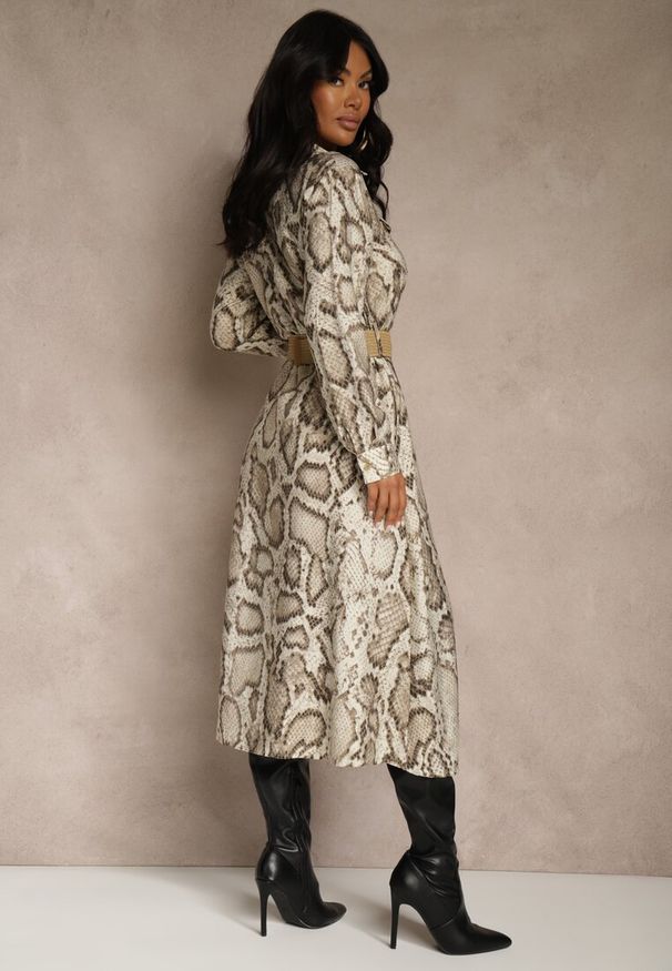 Renee - Beżowa Koszulowa Sukienka Snake Print z Wiskozą i Paskiem Bririn. Okazja: na co dzień. Kolor: beżowy. Materiał: wiskoza. Wzór: nadruk. Typ sukienki: koszulowe. Styl: casual