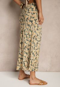 Renee - Zielono-Beżowa Rozkloszowana Spódnica z Wiskozy High Waist Fevanice. Okazja: na co dzień. Stan: podwyższony. Kolor: zielony. Materiał: wiskoza. Styl: casual, elegancki