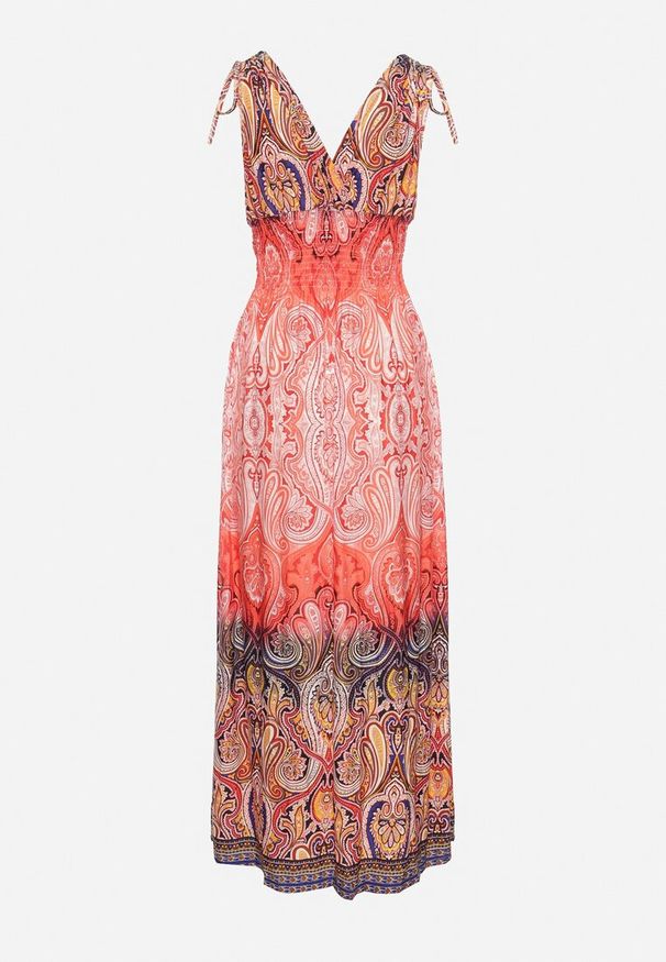 Born2be - Pomarańczowa Sukienka Boho na Lato ze Sznurkami na Ramionach i Gumką w Talii Aharleta. Kolor: pomarańczowy. Sezon: lato. Styl: boho