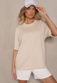 Renee - Jasnobeżowy Basicowy T-shirt z Bawełny Meranissea. Okazja: na co dzień. Kolor: beżowy. Materiał: bawełna. Styl: klasyczny, casual