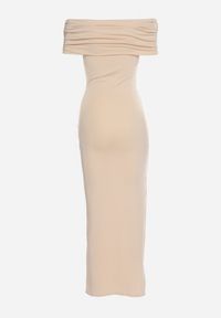 Born2be - Beżowa Sukienka z Wywiniętym Hiszpańskim Dekoltem o Dopasowanym Fasonie Piremia. Okazja: na co dzień. Kolor: beżowy. Materiał: tkanina, skóra. Długość rękawa: bez rękawów. Sezon: lato. Typ sukienki: dopasowane, proste. Styl: casual, klasyczny #2