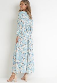 Born2be - Niebieska Rozkloszowana Sukienka Maxi w Kwiaty Hyathy. Kolor: niebieski. Długość rękawa: długi rękaw. Wzór: kwiaty. Długość: maxi #5