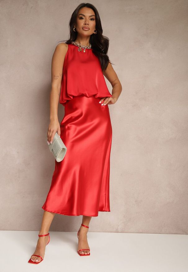 Renee - Czerwona Spódnica Satynowa High Waist Pillizze. Okazja: na co dzień. Stan: podwyższony. Kolor: czerwony. Materiał: satyna. Styl: elegancki, casual
