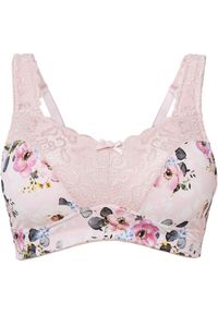 bonprix - Biustonosz minimizer bez fiszbinów z wyściełanymi ramiączkami. Kolor: różowy. Materiał: poliamid. Wzór: aplikacja, kwiaty #1