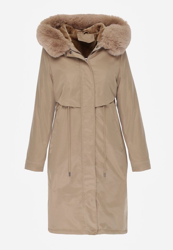 Born2be - Beżowa Kurtka za Kolano ze Ściągaczem i Kapturem z Futerkiem Adoresa. Okazja: na co dzień. Kolor: beżowy. Materiał: futro. Styl: casual