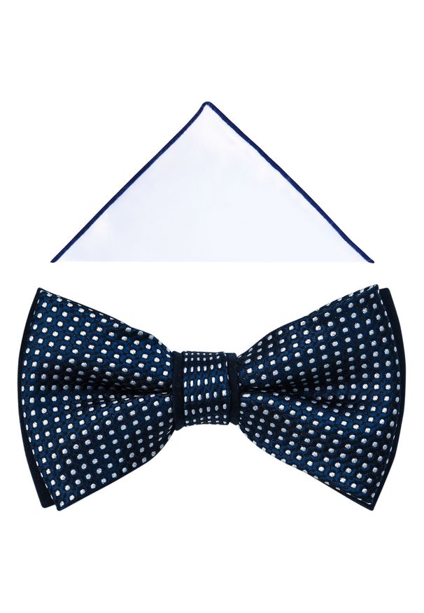 Modini - Granatowa mucha w białe kropki A277. Kolor: biały, wielokolorowy, niebieski. Materiał: poliester, tkanina. Wzór: kropki. Styl: elegancki