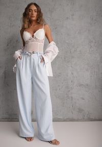 Renee - Niebieskie Spodnie Szerokie z Dodatkiem Bawełny High Waist z Metaliczną Klamrą Azaerixis. Okazja: na co dzień. Stan: podwyższony. Kolor: niebieski. Materiał: bawełna. Styl: casual #6