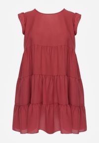 Renee - Ciemnoróżowa Sukienka z Krótkim Rękawem i Ozdobnymi Falbankami o Rozkloszowanym Kroju Vetesa. Okazja: na co dzień. Typ kołnierza: kołnierz z falbankami. Kolor: różowy. Materiał: jeans, wiskoza. Długość rękawa: krótki rękaw. Typ sukienki: proste. Styl: casual, klasyczny #8