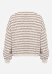 Renee - Beżowy Nietoperzowy Kardigan z Domieszką Wełny w Paski Fesaira. Okazja: na co dzień. Typ kołnierza: dekolt w serek. Kolor: beżowy. Materiał: wełna. Wzór: paski. Styl: casual #7