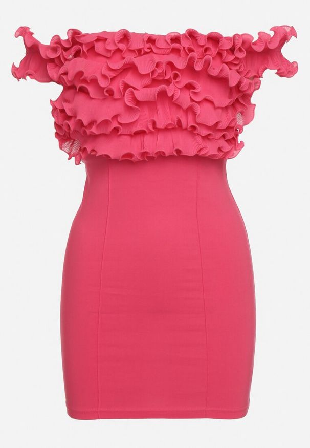 Born2be - Fuksjowa Dopasowana Sukienka Mini z Hiszpańskim Dekoltem z Falbankami Ionas. Typ kołnierza: kołnierz z falbankami. Kolor: różowy. Styl: elegancki. Długość: mini