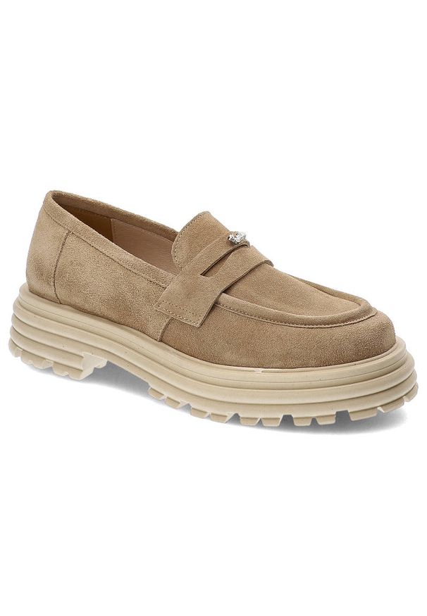 Beżowe Półbuty Karino Modne Skórzane Buty Damskie. Okazja: na co dzień. Zapięcie: bez zapięcia. Kolor: beżowy. Szerokość cholewki: normalna. Wzór: gładki. Materiał: skóra. Obcas: na obcasie. Styl: casual, klasyczny, elegancki. Wysokość obcasa: niski