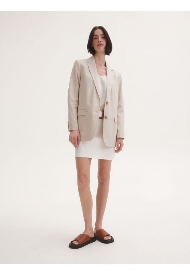 Reserved - Marynarka z lnem - beżowy. Kolor: beżowy. Materiał: len. Wzór: gładki. Styl: klasyczny