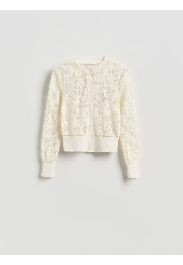 Reserved - Ażurowy kardigan - złamana biel. Materiał: dzianina, bawełna. Wzór: ażurowy. Styl: klasyczny