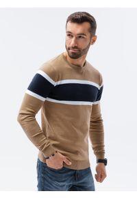 Ombre Clothing - Sweter męski E190 - camel - XXL. Materiał: bawełna, jeans. Styl: klasyczny