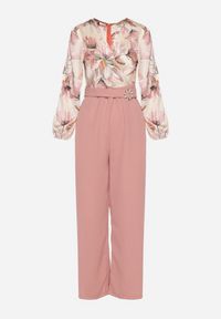 Born2be - Różowy Kombinezon z Szerokimi Nogawkami z Kwiatową Górą i Paskiem z Klamrą Ilanvi. Okazja: na co dzień. Kolor: różowy. Długość rękawa: długi rękaw. Długość: długie. Wzór: kwiaty. Styl: casual #5