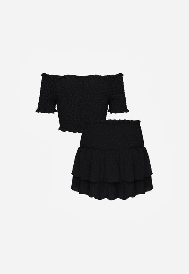 Renee - Czarny Komplet Top Hiszpanka i Spódnico-Spodenki z Falbanami oraz Gumką Rinaria. Kolor: czarny. Materiał: jeans