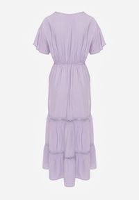 Renee - Fioletowa Rozkloszowana Sukienka Maxi z Gumką w Talii i Koronkowym Dekoltem Cheteia. Kolor: fioletowy. Materiał: koronka. Sezon: wiosna, lato. Długość: maxi #3