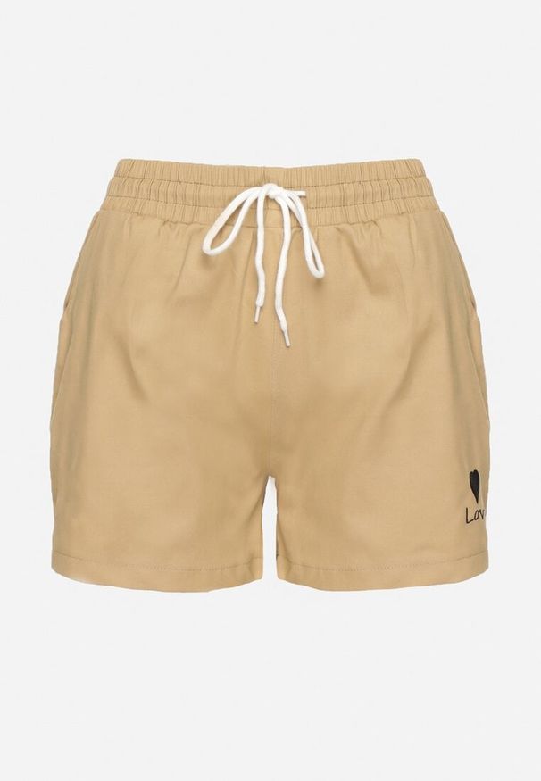 Born2be - Ciemnobeżowe Dresowe Szorty o Prostym Kroju z Wiązaniem i Kieszeniami Foladea. Okazja: na co dzień, na spacer. Kolor: beżowy. Materiał: dresówka. Styl: klasyczny, casual