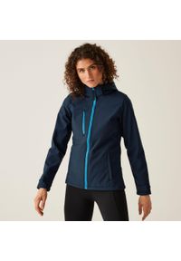 Regatta - Damska 3-warstwowa kurtka softshell z kapturem Venturer z nadrukiem. Typ kołnierza: kaptur. Kolor: niebieski. Materiał: softshell. Wzór: nadruk. Sezon: zima. Sport: turystyka piesza #1