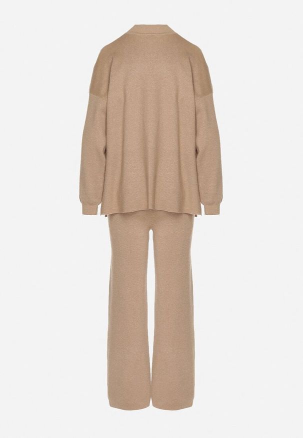 Born2be - Beżowy Komplet z Wiskozą Ozdobiony Metaliczną Nicią Sweter z Półgolfem i Szerokie Spodnie Aresina. Kolor: brązowy. Materiał: wiskoza. Wzór: aplikacja