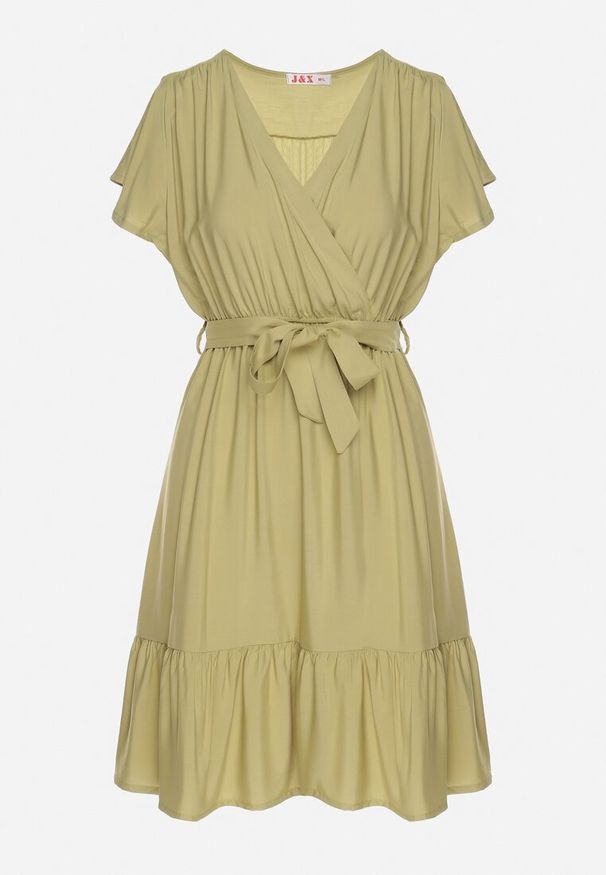 Born2be - Zielona Wiskozowa Sukienka z Kopertowym Dekoltem i Paskiem Aurenelle. Okazja: na co dzień. Typ kołnierza: dekolt kopertowy. Kolor: zielony. Materiał: wiskoza. Długość rękawa: krótki rękaw. Sezon: wiosna, lato. Typ sukienki: kopertowe. Styl: casual