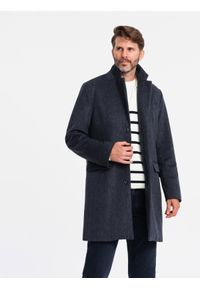 Ombre Clothing - Rozpinany męski płaszcz z wełną – granatowy V1 - Rozmiar: XXL. Kolor: niebieski. Materiał: wełna. Sezon: zima. Styl: elegancki #3