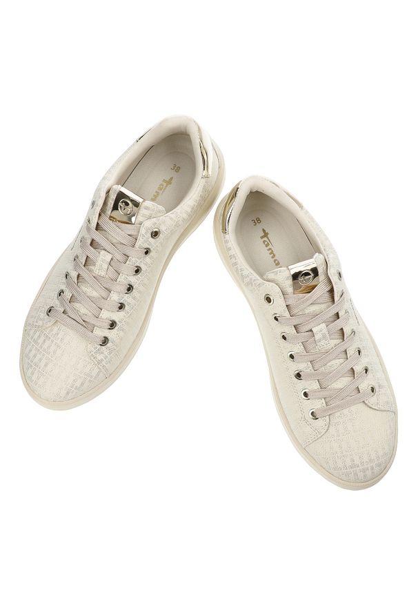 Złote Sneakersy Tamaris Stylowe Obuwie Damskie. Okazja: na co dzień. Zapięcie: sznurówki. Kolor: złoty. Materiał: materiał. Styl: elegancki