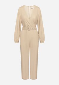 Born2be - Beżowy Bawełniany Kombinezon o Kopertowym Kroju z Paskiem i Gumką w Talii Mirrira. Kolor: beżowy. Materiał: bawełna. Długość rękawa: długi rękaw. Długość: długie. Styl: elegancki, klasyczny #2