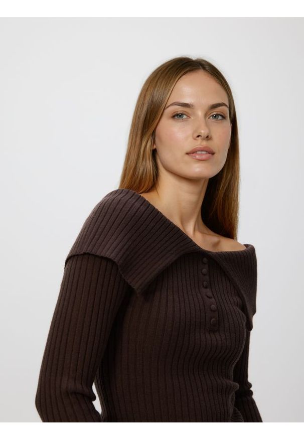 Reserved - Sweter z wykładanym kołnierzem - brązowy. Kolor: brązowy. Materiał: dzianina. Wzór: gładki