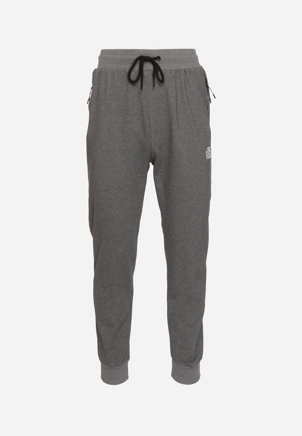 Born2be - Ciemnoszare Spodnie Dresowe z Gumką w Pasie i Ozdobną Naszywką Kieszenie Zapinane na Suwaki Naoria. Okazja: na co dzień. Kolor: szary. Materiał: dresówka. Wzór: aplikacja. Styl: sportowy, klasyczny, casual