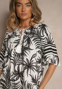 Renee - Biała Pudełkowa Sukienka Zdobiona Roślinnym Printem i Wiązaniem przy Dekolcie Miranissa. Okazja: na co dzień. Kolor: biały. Materiał: materiał, bawełna. Wzór: aplikacja, nadruk. Typ sukienki: proste. Styl: casual, elegancki #3