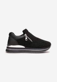 Born2be - Czarne Sneakersy na Platformie z Suwakami i Cyrkoniami Difera. Kolor: czarny. Szerokość cholewki: normalna. Obcas: na platformie #5