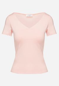 Born2be - Różowy T-shirt z Wiskozą o Dopasowanym Kroju z Dekoltem w Serek Folarisse. Typ kołnierza: dekolt w serek. Kolor: różowy. Materiał: wiskoza #5