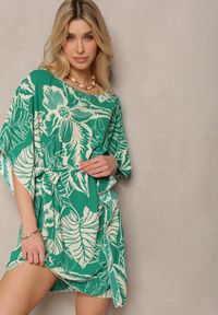 Renee - Zielona Kwiecista Sukienka z Krótkim Rękawem i Wiązaniem w Talii Fasila. Kolor: zielony. Materiał: tkanina. Długość rękawa: krótki rękaw. Sezon: lato
